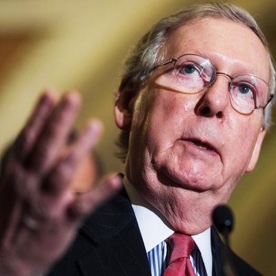 US Senate Majority Leader Mitch McConnell, R-KY, speaks to the press at the US Capitol in Washington, DC, on March 10, 2015. 