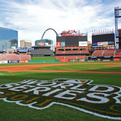 ST LOUIS, MO - OCTOBER 25: The 2011 World Series logo is seen painted on the field with the Gateway Arch in the background ahead of Game 6 of the 2011 MLB World Series between the Texas Rangers and the St. Louis Cardinals at Busch Stadium on October 25, 2011 in St Louis, Missouri. (Photo by Michael Heiman/Getty Images)