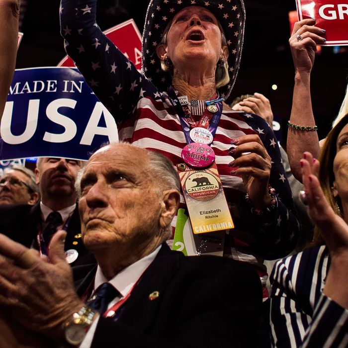 Delegates of the Republican party cheer as they listen to House Speaker Paul Ryan during the Republican National Convention on Tuesday.