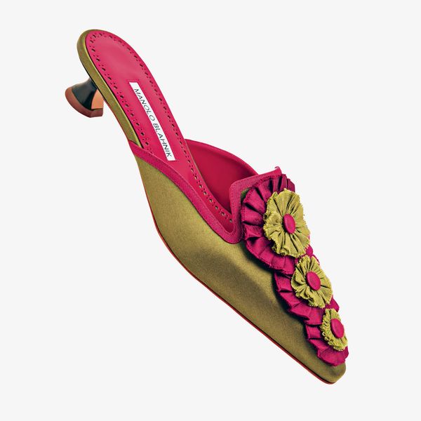 Manolo Blahnik Merode Khaki Silk Rosettes Detail Mules