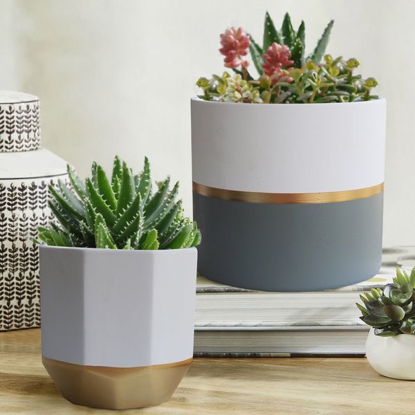 Exquis Home 6.5-Inch White Ceramic Plant Containers With Gold and Grey Detailing (Set of 2)