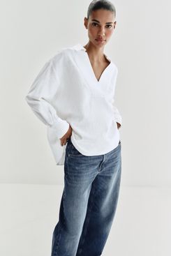 Zara Linen Blend Polo Collar Blouse
