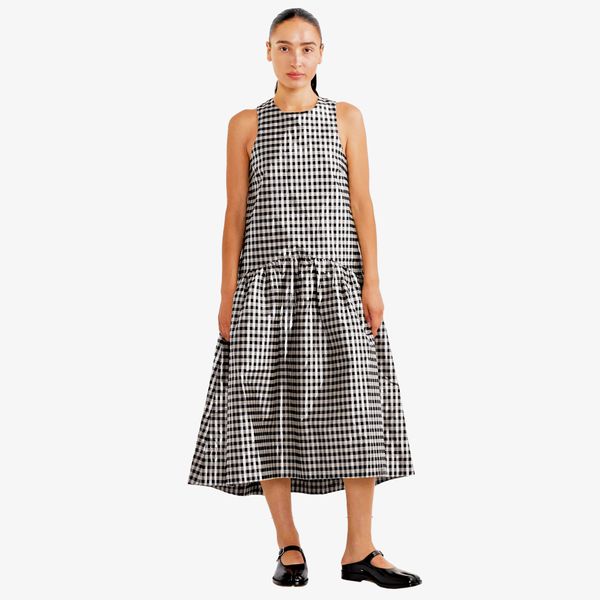 Ganni Shiny Check Midi Dress in Lemon Icing