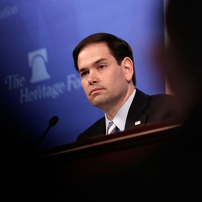 Republican presidential candidate Sen. Marco Rubio (R-FL) speaks at the Heritage Foundation April 15, 2015 in Washington, DC. Rubio took part in a discussion on 