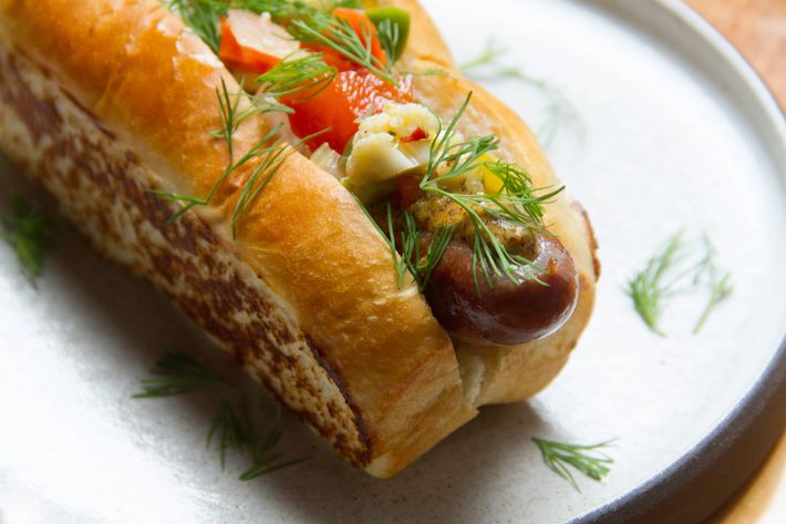 The smoked hot dogs are made on the premises and garnished with housemade mustard and giardiniera.