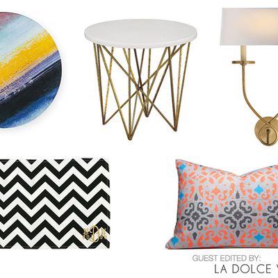 Clockwise from left: Decal Charger by DvF Home, George Side Table, Symmetric Twist Sconce, Linden Pillow by Hammocks and High Tea, and Chevron Place Mat.