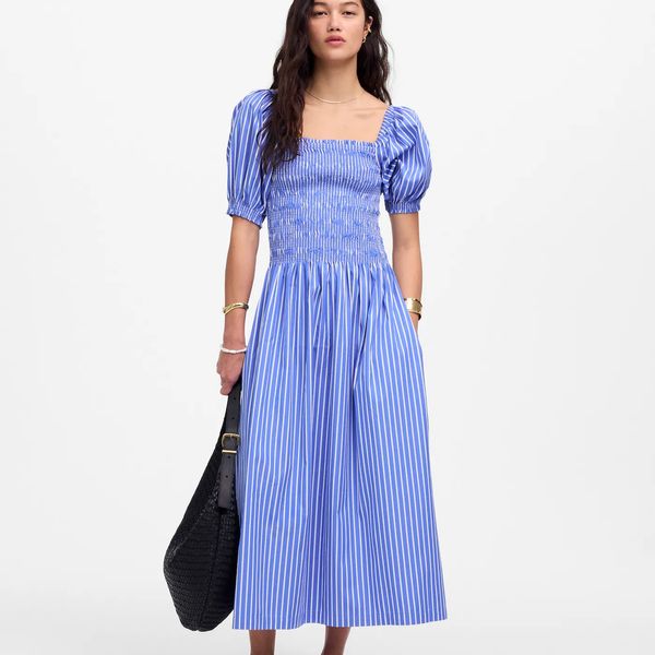 Madewell Smocked Puff Sleeve Midi Dress in Poplin