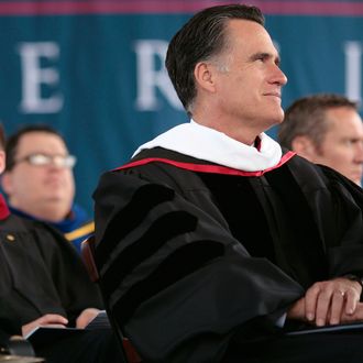 LYNCHBURG, VA - MAY 12: Republican presidential candidate and former Massachusetts Gov. Mitt Romney attends commencement ceremonies as the scheduled commencement speaker at Arthur L. Williams Stadium on the campus of Liberty University on May 12, 2012 in Lynchburg, Virginia. Liberty University is one of the country's largest Christian colleges. (Photo by Jared Soares/Getty Images)