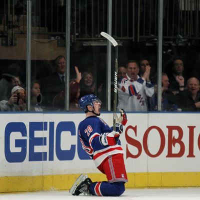 NEW YORK, NY - APRIL 28: Chris Kreider #20 of the New York Rangers celebrates his third period goal in Game One of the Eastern Conference Semifinals against the Washington Capitals during the 2012 NHL Stanley Cup Playoffs at Madison Square Garden on April 28, 2012 in New York City. (Photo by Bruce Bennett/Getty Images)