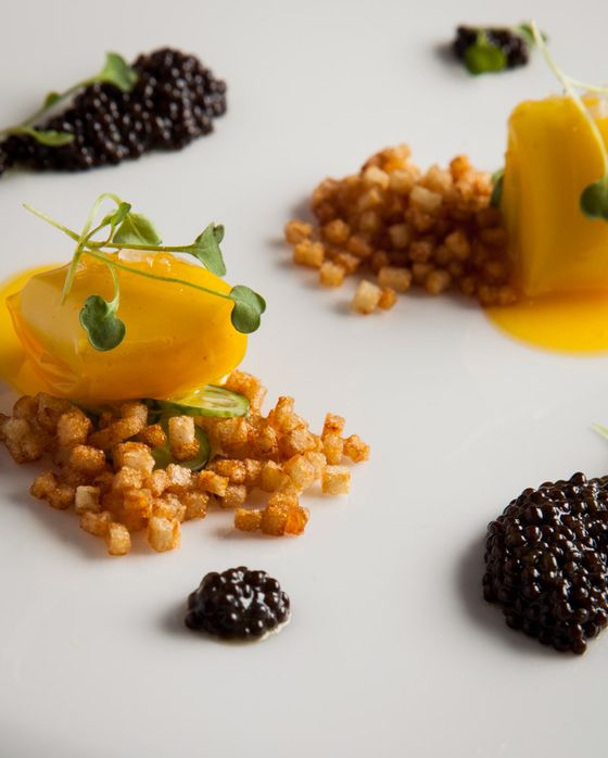 Egg-and-mashed-potato ravioli with caviar.