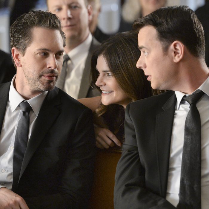 LIFE IN PIECES is CBS\'s new single camera comedy about one big happy family and their sometimes awkward, often hilarious and ultimately beautiful milestone moments as told by its various members. Pictured left to right, Thomas Sadoski as Matt, Betsy Brandt as Heather and Colin Hanks as Greg. Photo: Darren Michaels/CBS ÃÂ©2015 CBS Broadcasting, Inc. All Rights Reserved