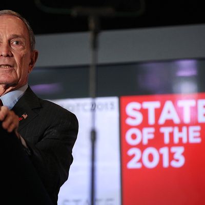 New York Mayor Michael Bloomberg delivers the annual State of the City address at the Barclays Center on February 14, 2013 in the Brooklyn borough of New York City. Bloomberg cited positive statistics including a record 52 million visitors to the city and a record low 419 homicides in 2012 while calling for a ban on styrofoam in the city.