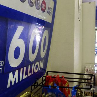 An advertising board shows the record jackpot of the Powerball US lottery with a record jackpot of 600 million US Dollars in a shop in downtown Washington, DC on May 17, 2013. In a statement, the Iowa state lottery agency said the Pawerball jackpot -- played in 43 states -- now is 