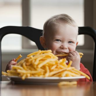 Toddler eating a large plate of French fries