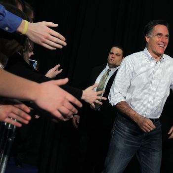 IDAHO FALLS, ID - MARCH 01: Republican presidential candidate, former Massachusetts Gov. Mitt Romney arrives at a campaign rally at Skyline High School on March 1, 2012 in Idaho Falls, Idaho. After winning the Michigan and Arizona primaries, Mitt Romney is campaigning in North Dakota, Idaho and Washington ahead of Super Tuesday. (Photo by Justin Sullivan/Getty Images)