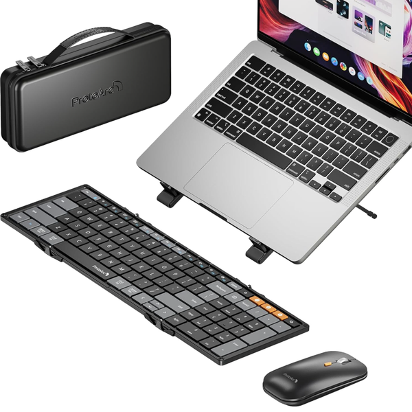 ProtoArc Foldable Keyboard Mouse Combo, XKM01 CaseUp Portable Bluetooth Keyboard and Mouse with Laptop Stand