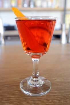 The house Negroni, made with Perry&#8217;s Tot gin, Campari, and Cocchi Vermouth di Torino.