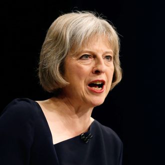 Britain's Home Secretary Theresa May speaks on the third day of the Conservative Party Conference in Manchester northern Britain