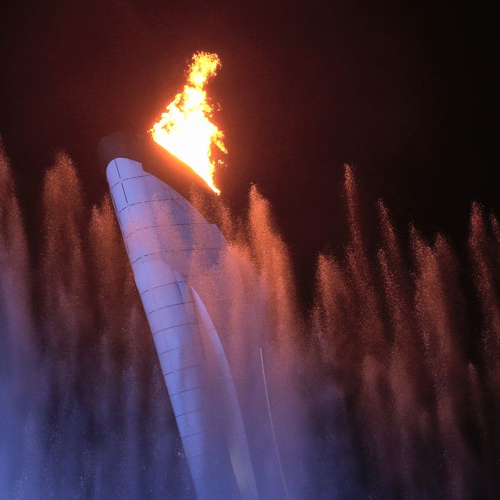 SOCHI, RUSSIA - FEBRUARY 07: Water dances under the Olympic Cauldron at the Olympic Park during the Opening Ceremony of the Sochi 2014 Winter Olympics at Fisht Olympic Stadium on February 7, 2014 in Sochi, Russia. (Photo by Scott Halleran/Getty Images)
