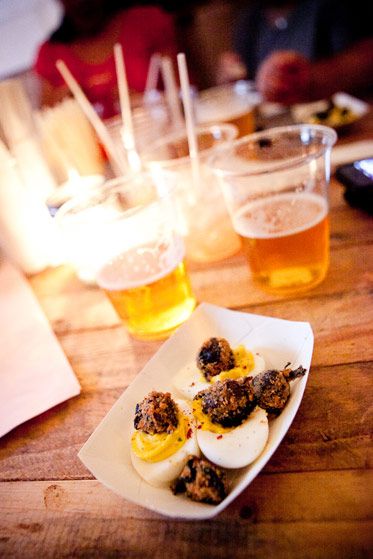 Curried deviled eggs with breaded escargots.