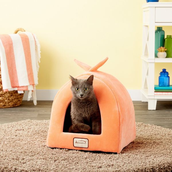 Armarkat Cave Shape Covered Cat & Dog Bed, Orange/Ivory