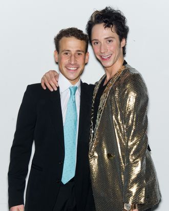 Victor Voronov and figure skater Johnny Weir atend the Alice + Olivia Fall 2012 presentation during Mercedes-Benz Fashion Week at Center 548 on February 13, 2012 in New York City.