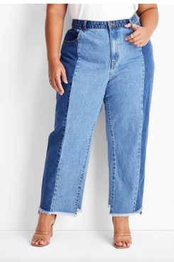 Mid-Rise Two-Tone Straight Leg Jeans