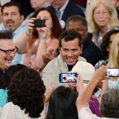 CHARLOTTE, NC - SEPTEMBER 04: Actor John Leguizamo (C) and Wayne Knight attend day one of the Democratic National Convention at Time Warner Cable Arena on September 4, 2012 in Charlotte, North Carolina. The DNC that will run through September 7, will nominate U.S. President Barack Obama as the Democratic presidential candidate. (Photo by Kevork Djansezian/Getty Images)