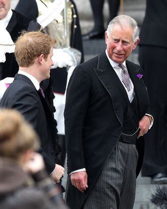 Prince Charles, Prince of Wales and Prince Harry arrive at the Service of Thanksgiving at St Paul's Cathedral, as part of the Diamond Jubilee, marking the 60th anniversary of the accession of Queen Elizabeth II on June 5, 2012 in London, England.