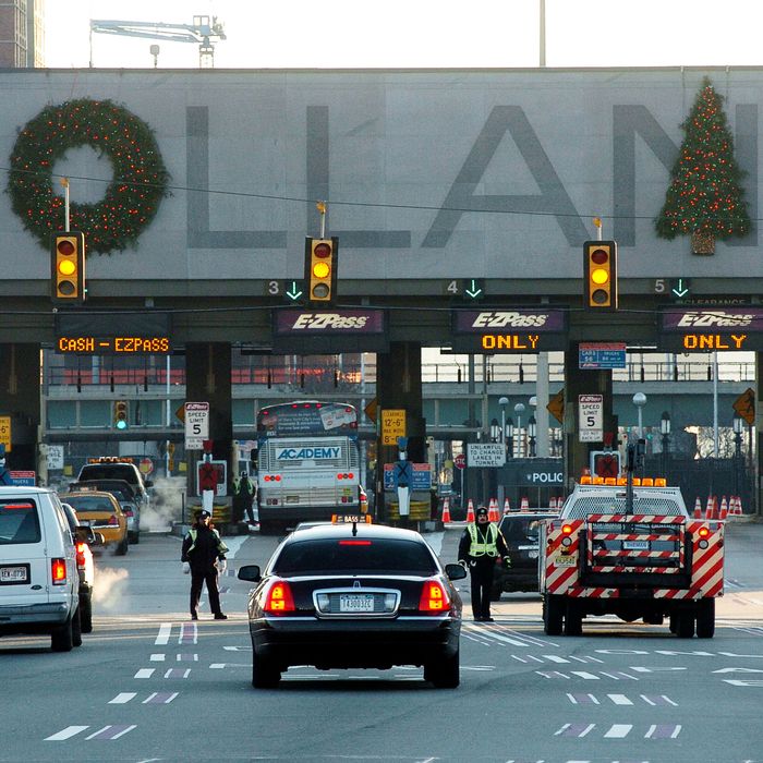 A photo of the Holland Tunnel with holiday decorations