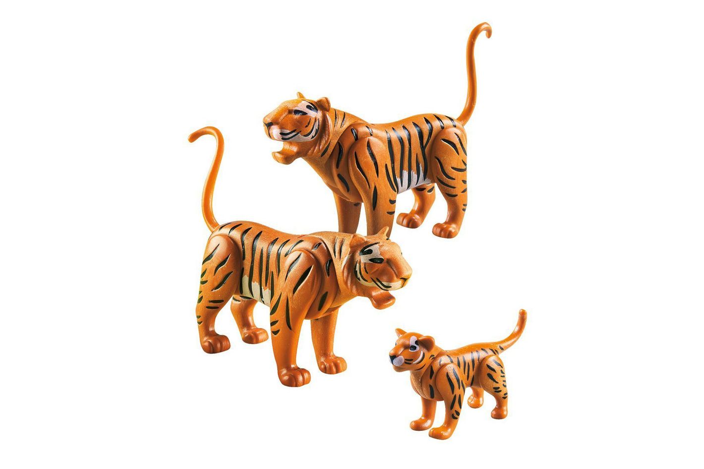 Игрушками Playmobil с животными белые тигры. Семья тигров на белом фоне.