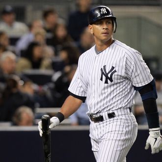 Alex Rodriguez #13 of the New York Yankees reacts after he struck out looking in the bottom of the second inning against the Detroit Tigers during Game Five of the American League Championship Series at Yankee Stadium on October 6, 2011 in the Bronx borough of New York City.