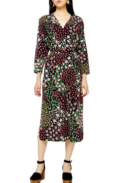 Topshop Long Sleeve Belted Floral Midi Dress