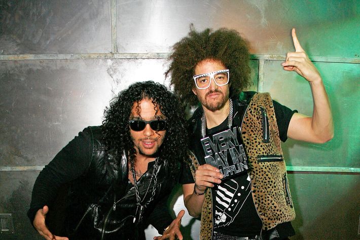 NEW YORK, NY - APRIL 28:  (L to R)  SkyBlu (Skyler Gordy) and Redfoo (Stefan Kendal Gordy) of LMFAO tape an episode of Top Twenty Countdown at fuse Studios on April 28, 2011 in New York City.  (Photo by Andy Kropa/Getty Images) *** Local Caption *** Skyler Gordy;Stefan Kendal Gordy;