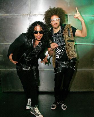 NEW YORK, NY - APRIL 28: (L to R) SkyBlu (Skyler Gordy) and Redfoo (Stefan Kendal Gordy) of LMFAO tape an episode of Top Twenty Countdown at fuse Studios on April 28, 2011 in New York City. (Photo by Andy Kropa/Getty Images) *** Local Caption *** Skyler Gordy;Stefan Kendal Gordy;
