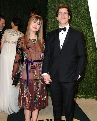 Comedian Andy Samberg (R) and Joanna Newsom arrive at the 2013 Vanity Fair Oscar Party hosted by Graydon Carter at Sunset Tower on February 24, 2013 in West Hollywood, California.