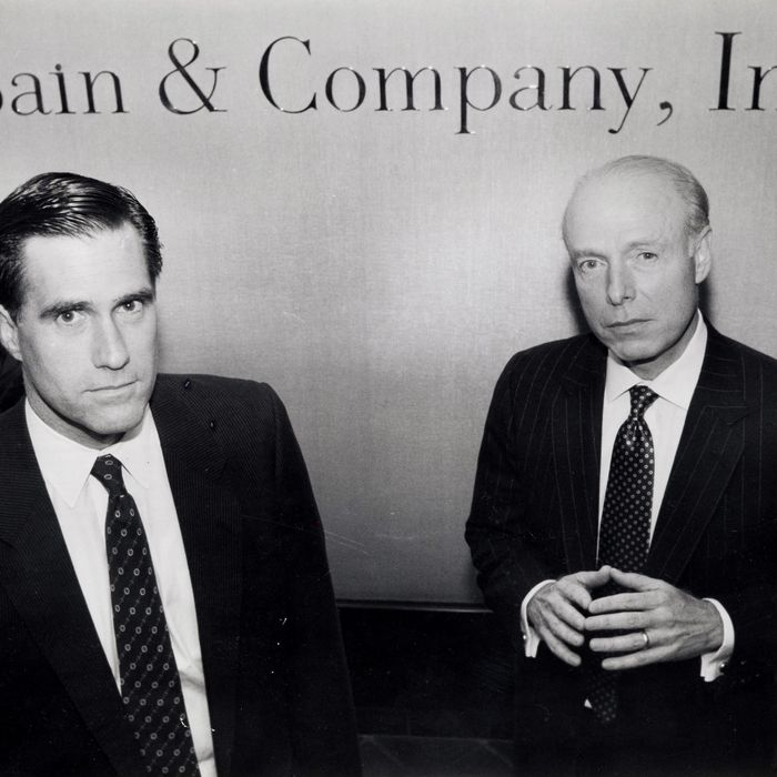 William Bain Jr. (right) and Mitt Romney, at Bain's offices in Copley Plaza. 