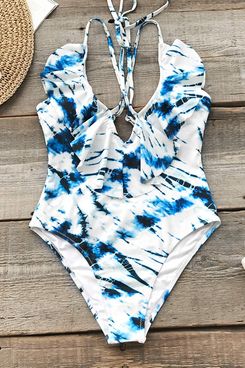 CUPSHE Women's Misty Blue Tie-dye Falbala Neckline One-Piece Swimsuit