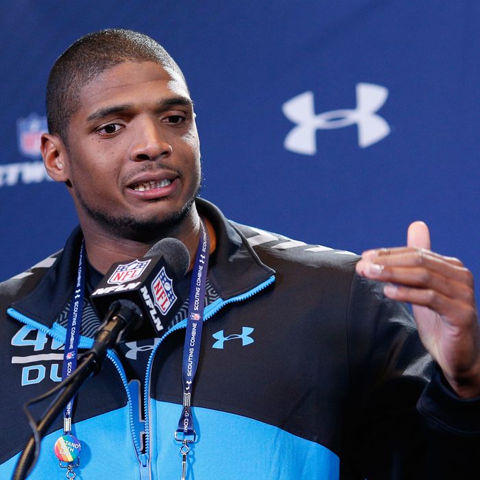 INDIANAPOLIS, IN - FEBRUARY 22: Former Missouri defensive lineman Michael Sam speaks to the media during the 2014 NFL Combine at Lucas Oil Stadium on February 22, 2014 in Indianapolis, Indiana. (Photo by Joe Robbins/Getty Images)
