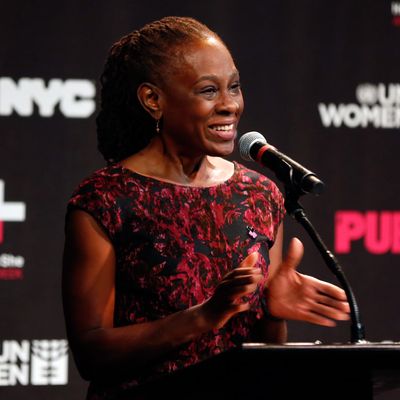 Chirlane McCray speaking about HeForShe Arts Week at the Public Theater.