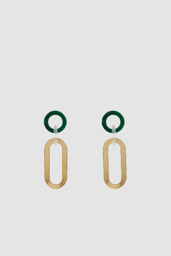 Rachel Comey Sour Drop statement earrings with a dark green circle, Malachite Clear Pink connector, and large gold ovals. The Strategist - 48 Things on Sale You’ll Actually Want to Buy: From Sunday Riley to Patagonia