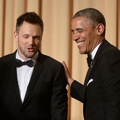 WASHINGTON, DC - MAY 3: US President Barack Obama and comedian Joel McHale share a laugh at the annual White House Correspondent's Association Gala at the Washington Hilton hotel May 3, 2014 in Washington, D.C. The dinner is an annual event attended by journalists, politicians and celebrities. (Photo by Olivier Douliery-Pool/Getty Images)