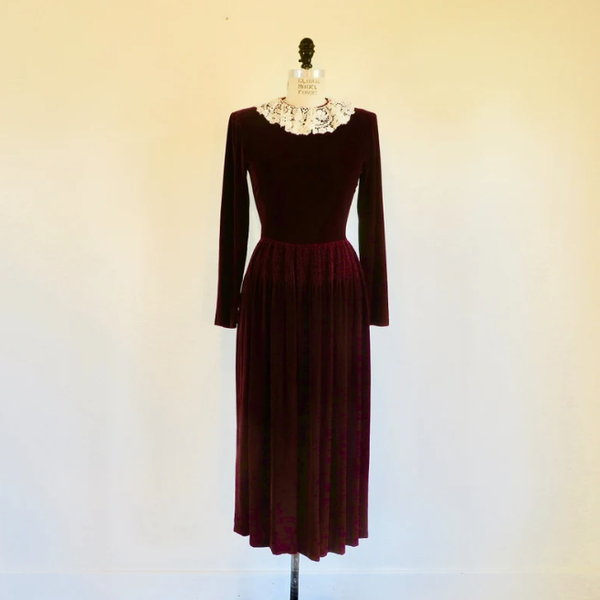 1990's Calvin Klein Burgundy Silk Velvet Midi Dress White Lace Collar