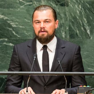 NEW YORK, NY - SEPTEMBER 23: Actor Leonardo DiCaprio speaks at the United Nations Climate Summit on September 23, 2014 in New York City. The summit, which is meeting one day before the UN General Assembly begins, is bringing together world leaders, scientists and activists looking to curb climate change. (Photo by Andrew Burton/Getty Images)