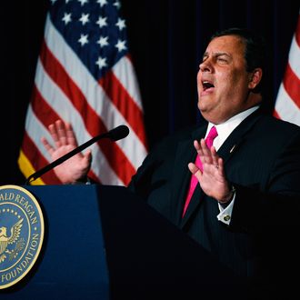 SIMI VALLEY, CA - SEPTEMBER 27: New Jersey Governor Chris Christie delivers remarks during the Perspectives on Leadership Forum at the Reagan Library on September 27, 2011 in Simi Valley, California. Influential Republicans are urging Christie to run for president and are prepared to raise money. Christie is on a Republican Party fund-raising tour with stops in Missouri and California including a speech at the Ronald Reagan Presidential Library and Museum. (Photo by Kevork Djansezian/Getty Images)