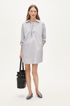 J.Crew V-Neck Popover Dress in Striped Cotton Poplin