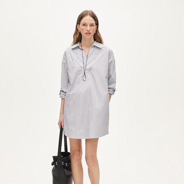 J.Crew V-Neck Popover Dress in Striped Cotton Poplin