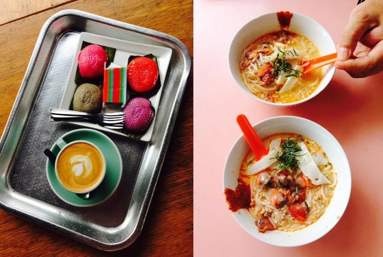 Chinese tea cakes and cappuccino on the left; perfect Laksa on the right.