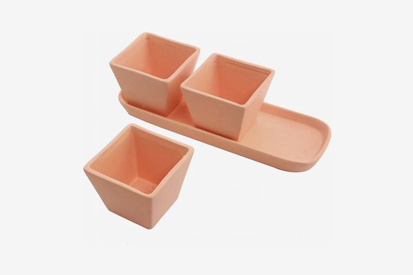 MyGift Small Square Terracotta Clay Garden Planter Pots with Oval Drainage Tray