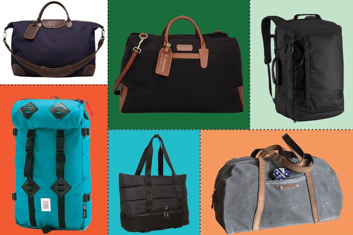 collage of t anthony weekender duffle, peg & awl journey bag, longchamp boxford duffle bag, baggu canvas weekender, sweaty betty luxe gym bag, the north face refractor bag, and topo designs mountain backpack- strategist best travel accessories and best weekend travel bags